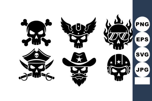 Set of Six Black Skull Icons with Pirate – A Bold Embroidery Design for Edgy Projects